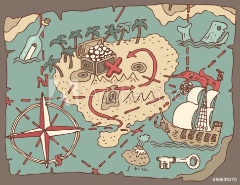 Island Treasure Map, vector illustration, hand drawn - 901142385