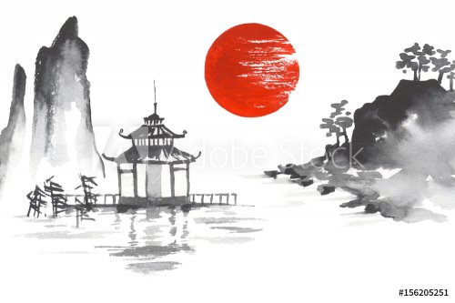 Japan Traditional japanese painting Sumi-e art Sun Lake River Hill Temple Mou... - 901153497
