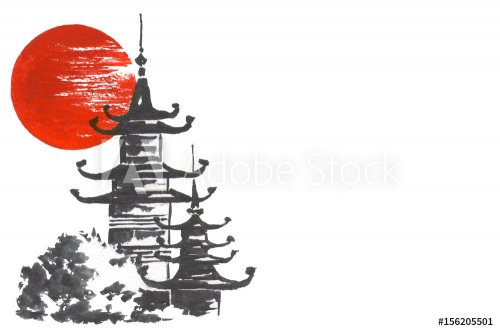 Japan Traditional japanese painting Sumi-e art Temple and sun - 901153492