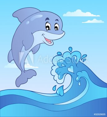 Jumping dolphin with cartoon wave 1 - 900492226