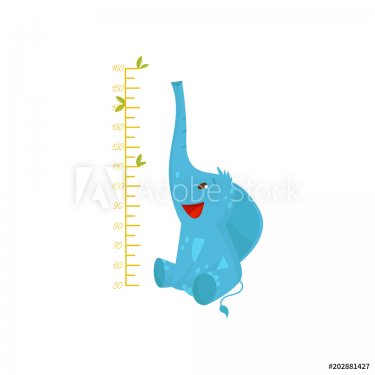 Kids measuring ruler and cute blue elephant. Wild animal with big ears and lo... - 901154143