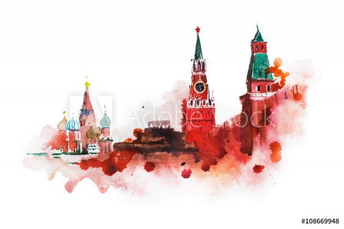 Kremlin, Red Square watercolor drawing. Moscow, Russia landmark, historical building illustration