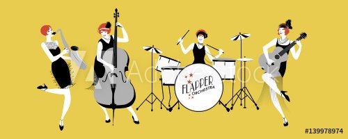 Ladies Jazz Orchestra. Four flapper girls playing music. - 901149884