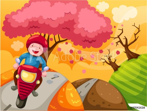 landscape cartoon boy riding motorcycle - 900458787