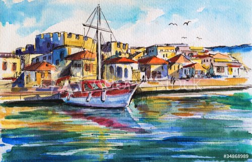 Landscape with boat in harbor - 901153794