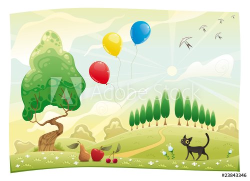 Landscape with cat. Funny cartoon and vector scene