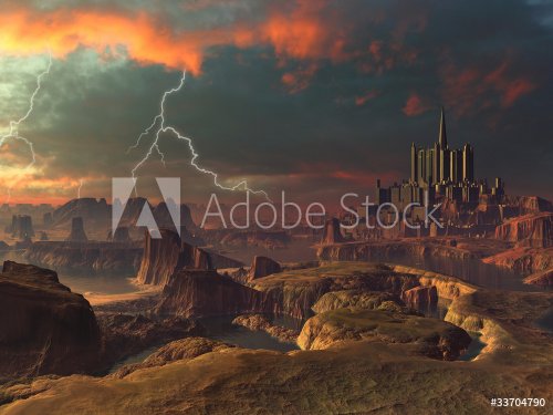 Lightning Storm over Ancient Alien City Landscape - 900462449