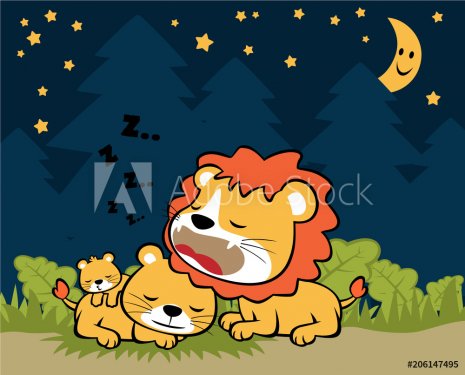 lion family in the night, vector cartoon illustration