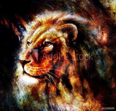 Lion painting on abstract color background. Profile portrait. - 901147727
