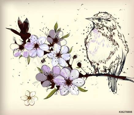 little bird and blooming branch - 900511290