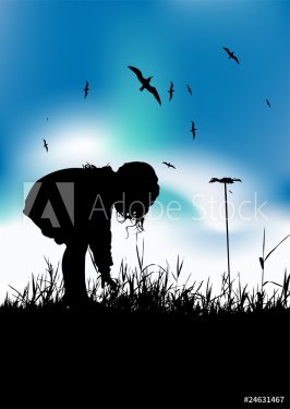Little girl ispicking flowers on field, black silhouette