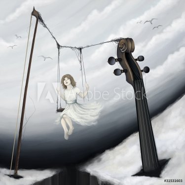 little girl sitting on violin seesaw in fantasy world, digital p