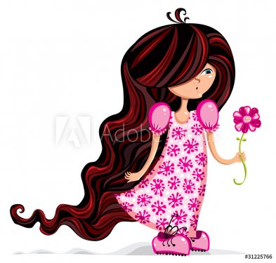 Little girl with flower cartoon style illustration. - 900673803
