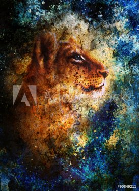 Little lion cub head. abstract background with spots and crackle