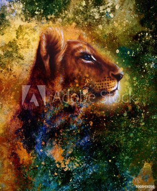 Little lion cub head. animal painting on vintage paper - 901147723
