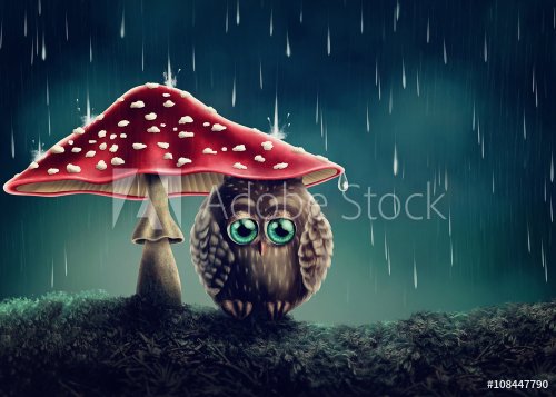 Little owl under mushrooms