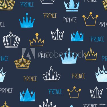 Little prince seamless pattern with watercolor and glittering crowns. Vector ... - 901151553