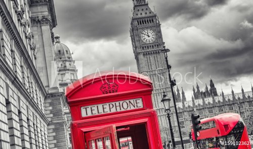 London symbols with big ben, double decker bus and red phone booth