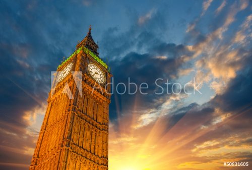 London, Wonderful upward view of Big Ben Tower and Clock at suns