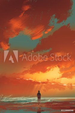lonely man standing on the sea under sunset sky,illustration painting - 901153883