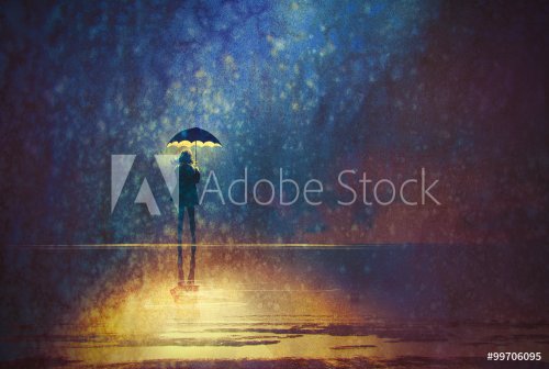 lonely woman under umbrella lights in the dark,digital painting