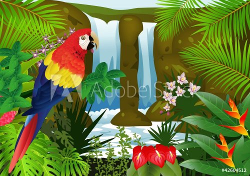 Macaw bird with waterfall background