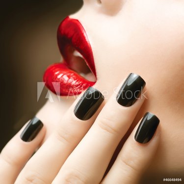 Makeup and Manicure. Black Nails and Red Lips - 900899625