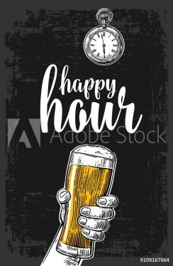Male hand holding a beer glass. Vintage vector engraving illustration for label, poster, menu. Isolated on dark background. Happy hour