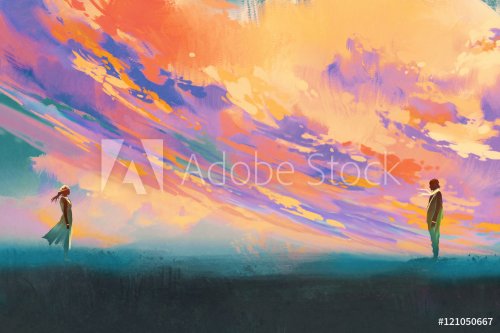 man and woman standing opposite of each other against colorful sky,illustrati... - 901153813