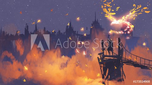 man in cloak holding magic torch against city with orange smoke, digital art ... - 901153894