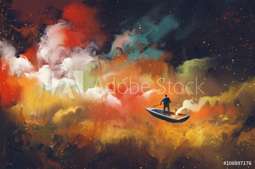 man on a boat in the outer space with colorful cloud,illustration
