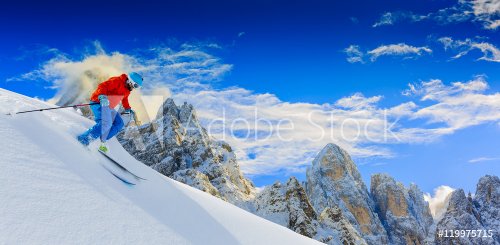 Man skiing in fresh powder snow in Italians Alps. - 901151587