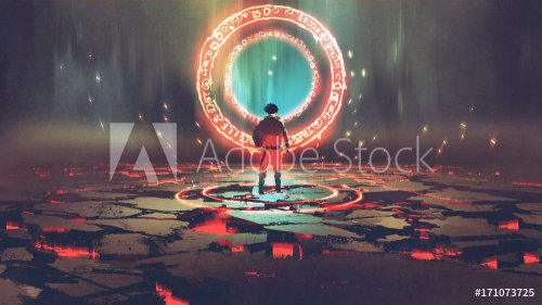 man standing in front of magic circle with red  light, digital art style, ill... - 901153819