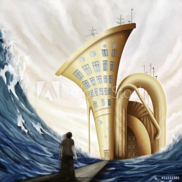 man standing on bridge near tuba house in ocean in fantasy world