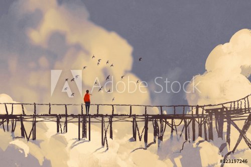 man standing on old bridge in clouds,illustration painting