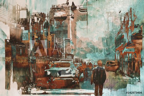 man walking in city street with abstract painting texture, illustration art - 901153839