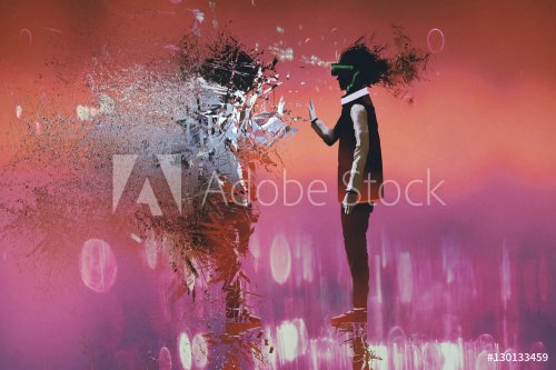 man with virtual reality headset touching particle of himself,illustration painting