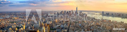 Manhattan panorama at sunset aerial view, New York, United States - 901150986
