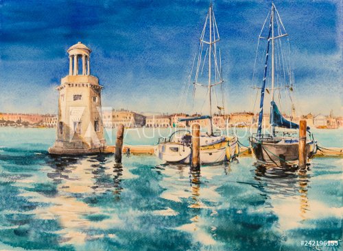 Marina close to St. Giorgio Maggiore Abbey in Venice, Italy. Picture created with watercolors.
