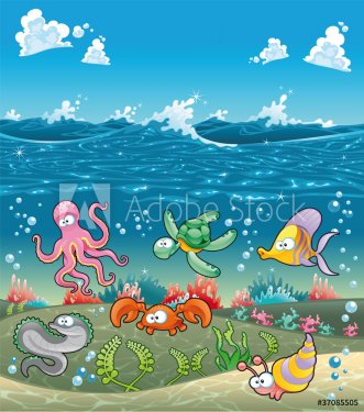 Marine animals under the sea. Vector illustration
