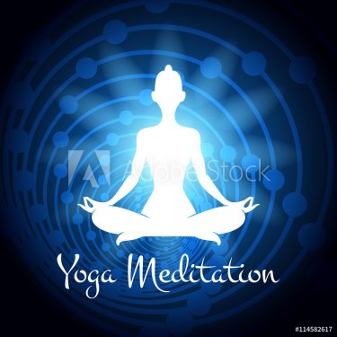 Meditation yoga woman silhouette on cosmic background. Vector illustration