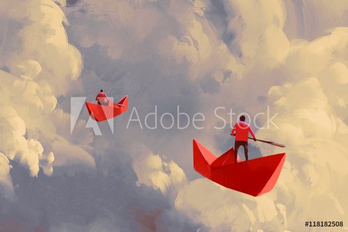 men on origami red paper boats floating in the cloudy sky,illustration painting - 901153625