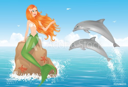 Mermaid and two dolphins.