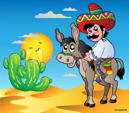 Mexican riding donkey in desert