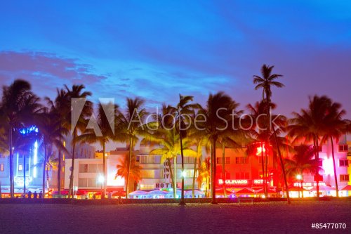 Miami Beach, Florida  hotels and restaurants at sunset on Ocean Drive, world ... - 901145087