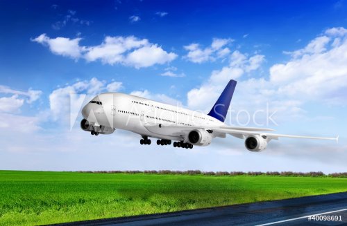 Modern airplane  in  Airport. Take off on runway. - 900350866