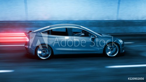 Modern Electric car rides through tunnel with cold blue light style 3d rendering