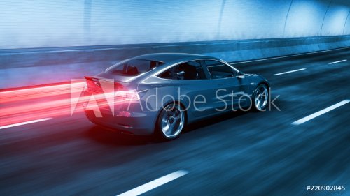 Modern Electric car rides through tunnel with cold blue light style 3d rendering - 901153314