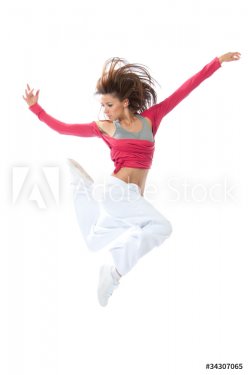 modern slim hip-hop style woman dancer jumping and dancing - 900739842