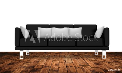 Moderne Couch auf Holzboden an weisser Wand - 900622822